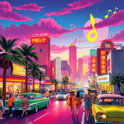 A vibrant and colorful city pop scene featuring retro aesthetics inspired by 1980s Japanese culture