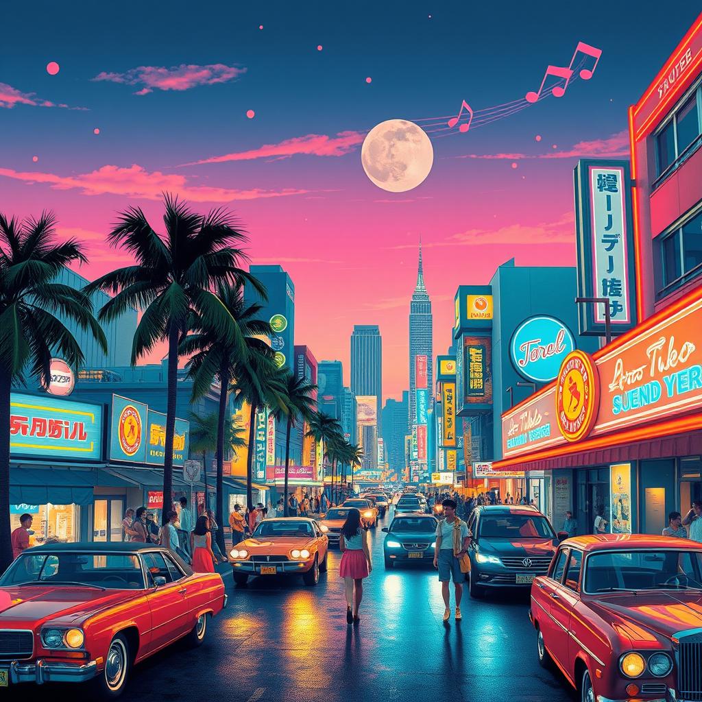 A vibrant and colorful city pop scene featuring retro aesthetics inspired by 1980s Japanese culture