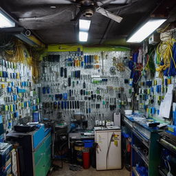 The interior of 'Saheebul Meenal', a professional and well-equipped phone repair shop, showcasing organised workstations, a variety of tools, and a wall of spare parts.