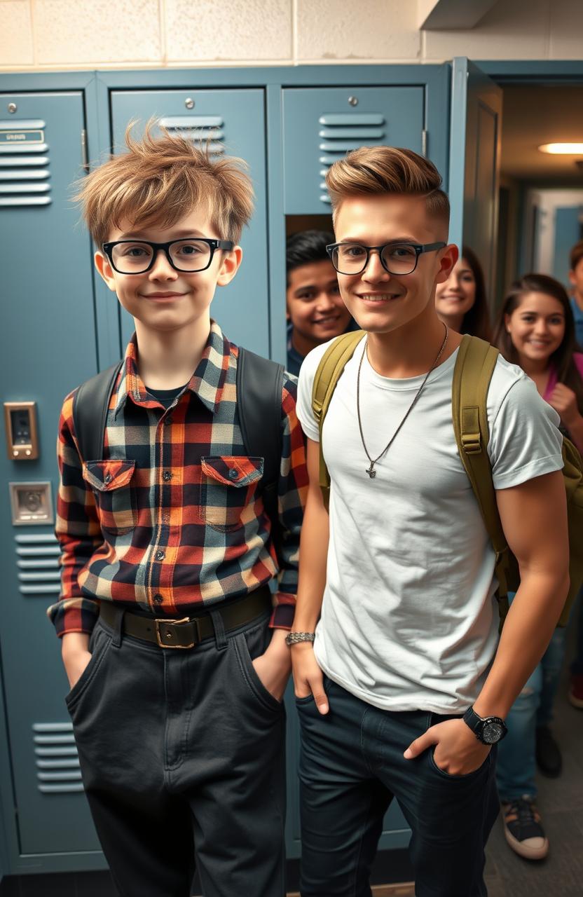 A vibrant and dynamic image capturing the transformation of a boy from a nerdy appearance to a stylish and popular look