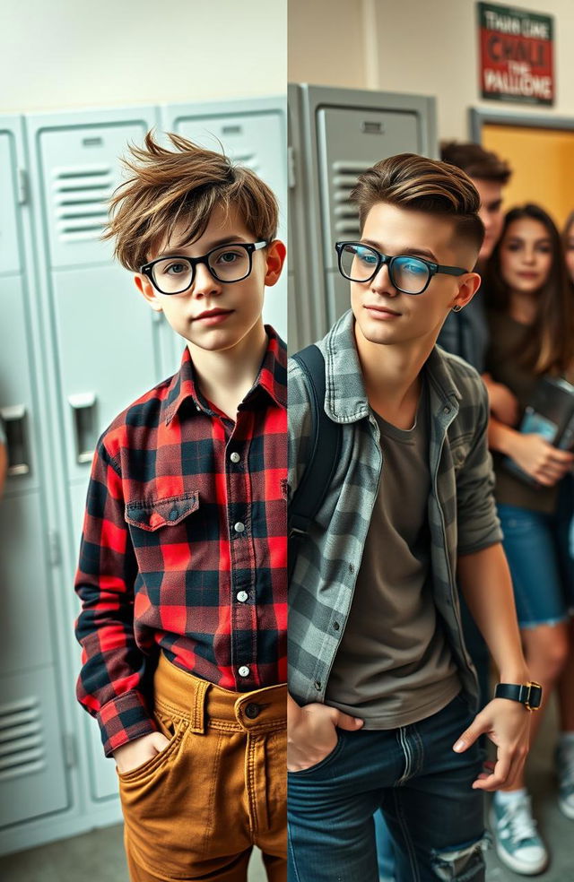 A vibrant and dynamic image capturing the transformation of a boy from a nerdy appearance to a stylish and popular look