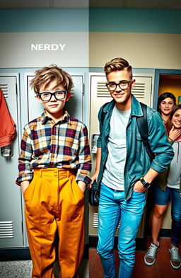 A vibrant and dynamic image capturing the transformation of a boy from a nerdy appearance to a stylish and popular look