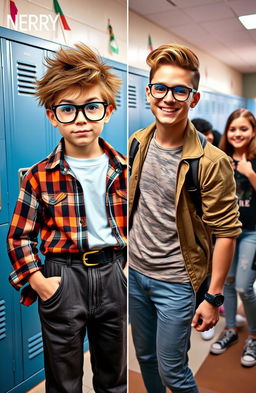 A vibrant and dynamic image capturing the transformation of a boy from a nerdy appearance to a stylish and popular look