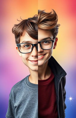 A striking portrait split down the middle, showcasing a transformation theme