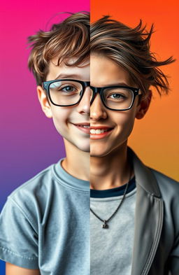 A striking portrait split down the middle, showcasing a transformation theme