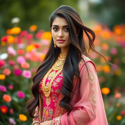 A *portrait of Ayeza Khan*, a popular Pakistani actress and model, styled in traditional Pakistani attire
