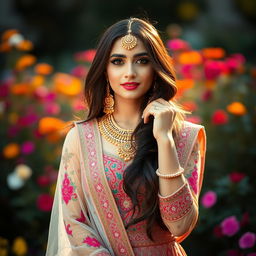 A *portrait of Ayeza Khan*, a popular Pakistani actress and model, styled in traditional Pakistani attire