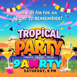 A vibrant and eye-catching party flyer design featuring a tropical theme