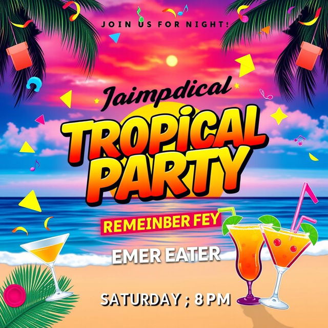 A vibrant and eye-catching party flyer design featuring a tropical theme