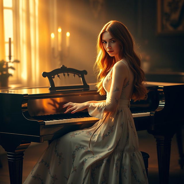 A beautiful, elegant Irish woman aged 23-35 with long flowing auburn hair, gracefully playing a kawaii-styled grand piano