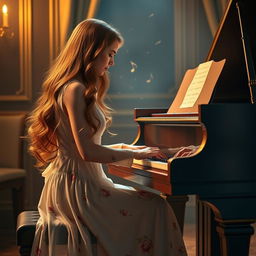 A beautiful, elegant Irish woman aged 23-35 with long flowing auburn hair, gracefully playing a kawaii-styled grand piano