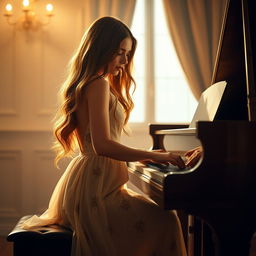 A beautiful, elegant Irish woman aged 23-35 with long flowing auburn hair, gracefully playing a kawaii-styled grand piano