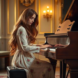 A beautiful, elegant Irish woman aged 23-35 with long flowing auburn hair, gracefully playing a kawaii-styled grand piano