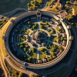 An aerial view of a magnificent round city surrounded by a sturdy, intricately designed wall