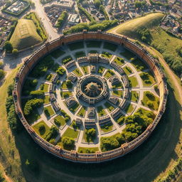 An aerial view of a magnificent round city surrounded by a sturdy, intricately designed wall