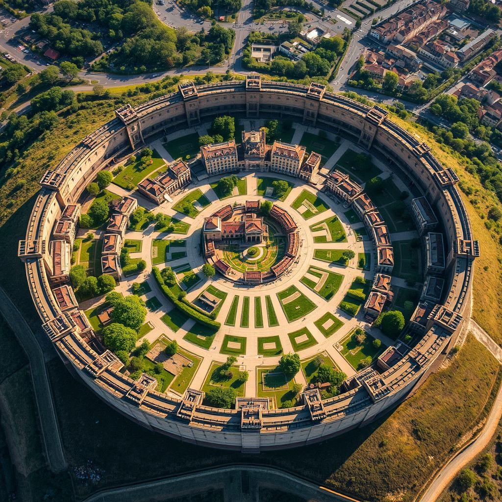 An aerial view of a magnificent round city surrounded by a sturdy, intricately designed wall