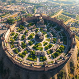 An aerial view of a magnificent round city surrounded by a sturdy, intricately designed wall