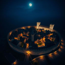 A breathtaking aerial view of a round medieval city illuminated at night, surrounded by a formidable stone wall