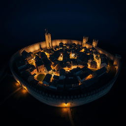 A breathtaking aerial view of a round medieval city illuminated at night, surrounded by a formidable stone wall