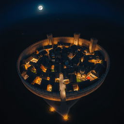 A breathtaking aerial view of a round medieval city illuminated at night, surrounded by a formidable stone wall