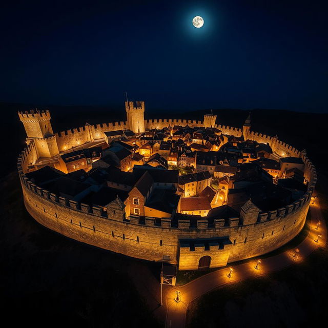 A breathtaking aerial view of a round medieval city illuminated at night, surrounded by a formidable stone wall