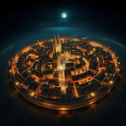 An awe-inspiring aerial view of a massive round medieval city illuminated under the night sky, encircled by an imposing stone wall