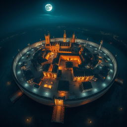 An awe-inspiring aerial view of a massive round medieval city illuminated under the night sky, encircled by an imposing stone wall