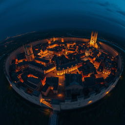 An awe-inspiring aerial view of a massive round medieval city illuminated under the night sky, encircled by an imposing stone wall