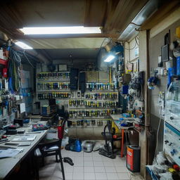 The interior of 'Saheebul Meenal', a professional and well-equipped phone repair shop, showcasing organised workstations, a variety of tools, and a wall of spare parts.