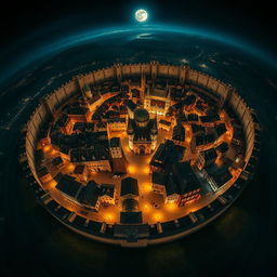 An awe-inspiring aerial view of a massive round medieval city illuminated under the night sky, encircled by an imposing stone wall