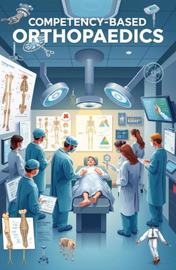 A detailed, informative illustration representing competency-based orthopaedics, featuring various elements such as surgical tools, anatomical diagrams of bones and joints, a diverse group of medical professionals collaborating in a modern operating room, showcasing teamwork and advanced medical technology