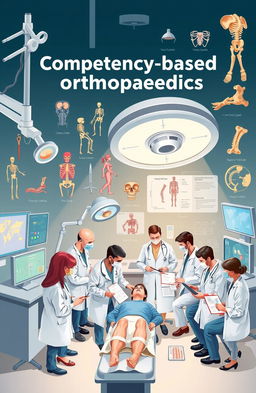 A detailed, informative illustration representing competency-based orthopaedics, featuring various elements such as surgical tools, anatomical diagrams of bones and joints, a diverse group of medical professionals collaborating in a modern operating room, showcasing teamwork and advanced medical technology