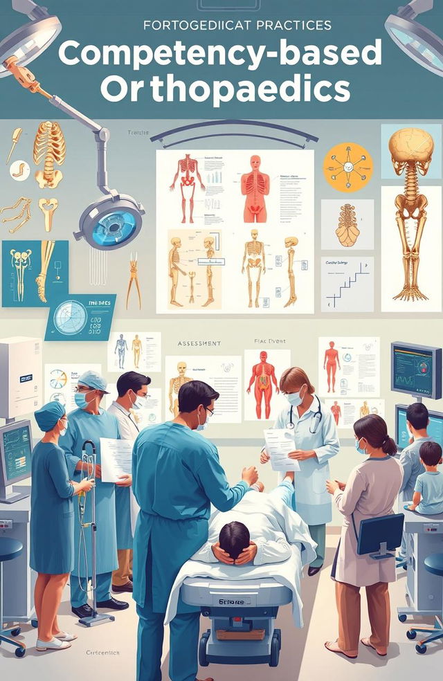 A detailed, informative illustration representing competency-based orthopaedics, featuring various elements such as surgical tools, anatomical diagrams of bones and joints, a diverse group of medical professionals collaborating in a modern operating room, showcasing teamwork and advanced medical technology