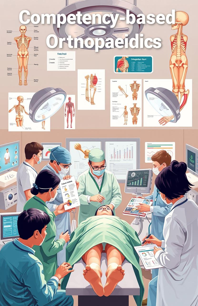 A detailed, informative illustration representing competency-based orthopaedics, featuring various elements such as surgical tools, anatomical diagrams of bones and joints, a diverse group of medical professionals collaborating in a modern operating room, showcasing teamwork and advanced medical technology