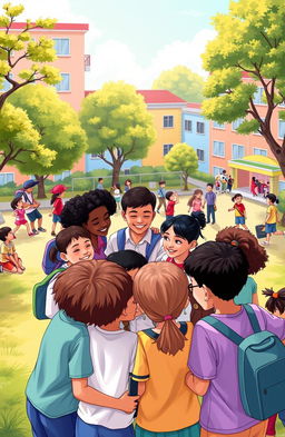A vibrant school scene depicting the power of friendship among a diverse group of friends