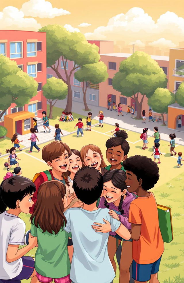 A vibrant school scene depicting the power of friendship among a diverse group of friends