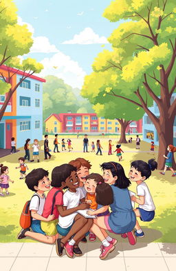 A vibrant school scene depicting the power of friendship among a diverse group of friends