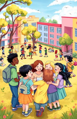 A vibrant school scene depicting the power of friendship among a diverse group of friends