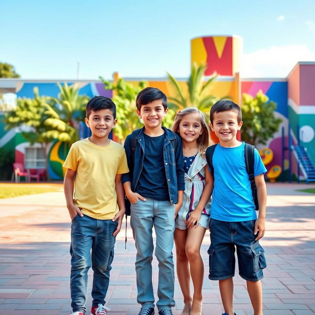 A vibrant scene featuring three boys and a girl standing in front of a colorful school building