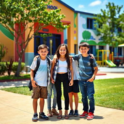 A vibrant scene featuring three boys and a girl standing in front of a colorful school building