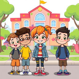 A cartoon-style illustration featuring three boys and a girl standing in front of a colorful school building