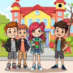A cartoon-style illustration featuring three boys and a girl standing in front of a colorful school building