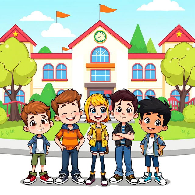 A cartoon-style illustration featuring three boys and a girl standing in front of a colorful school building