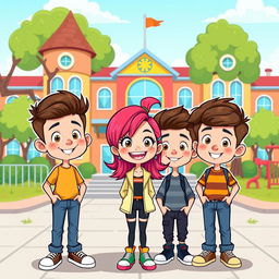 A cartoon-style illustration featuring three boys and a girl standing in front of a colorful school building