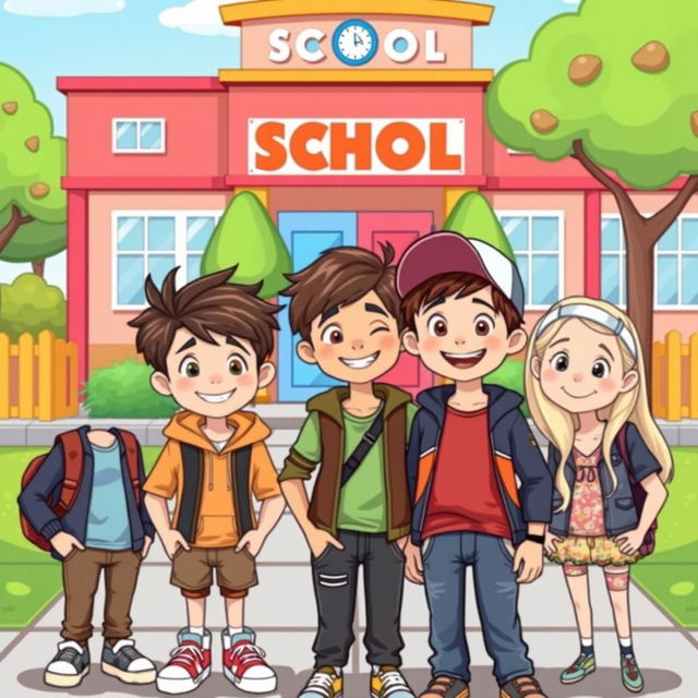 A cartoon-style illustration featuring three boys and a girl around 12 years old standing in front of a colorful school building