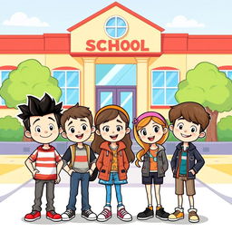 A cartoon-style illustration featuring three boys and a girl around 12 years old standing in front of a colorful school building