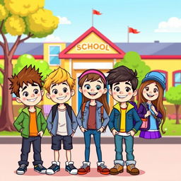 A cartoon-style illustration featuring three boys and a girl around 12 years old standing in front of a colorful school building