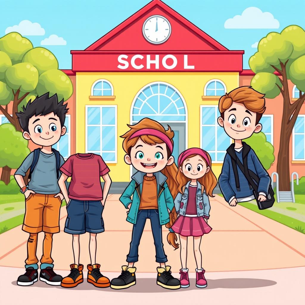 A cartoon-style illustration featuring three boys and a girl around 12 years old standing in front of a colorful school building