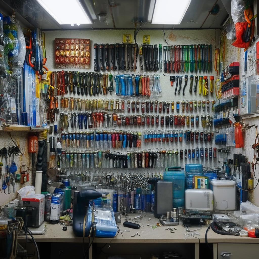 The interior of 'Saheebul Meenal', a professional and well-equipped phone repair shop, showcasing organised workstations, a variety of tools, and a wall of spare parts.