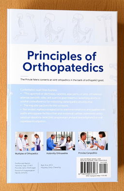 A back cover design for an orthopaedics textbook featuring a visually appealing layout with a blend of anatomical illustrations of human bones and joints